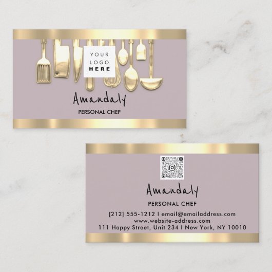 QRコードパーソナルシェフ料理レストラン金ゴールド 名刺 (正面/裏面)