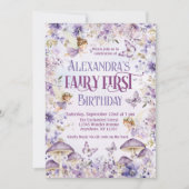 QRコードパープルウォーターカラーフェアリー最初の誕生日 招待状 (正面)