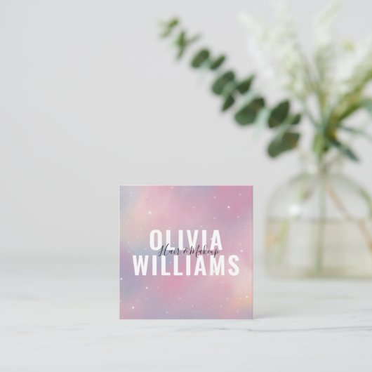 QRコードパープルピンク銀河系スクエアビジネスカード スクエア名刺 (スタンド正面)