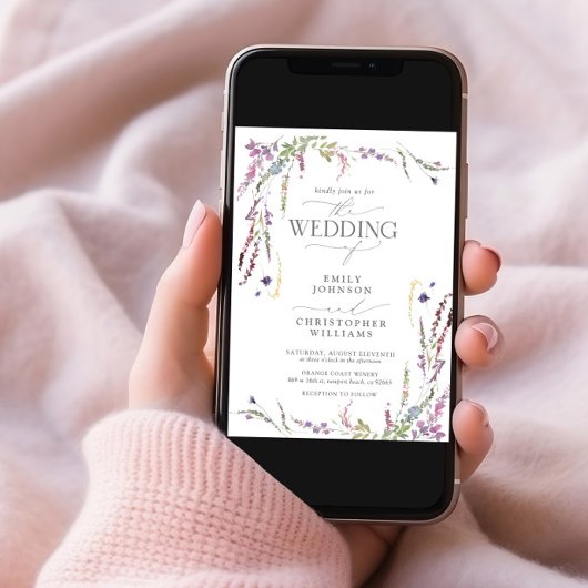 QRコードパープルワイルドフラワー書結婚跡 招待状