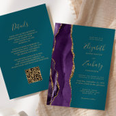 QRコードパープル金ゴールドアゲートティール（緑がかった色）結婚ズ 招待状