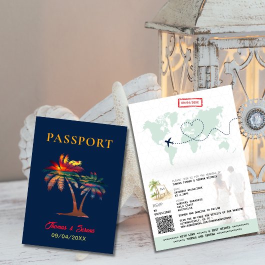 QRコードパームツリーパスポ結婚ートの世界地図 招待状