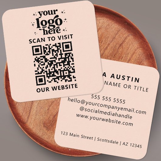 QRコードビジネスロゴプロフェッショナルモダンピンク スクエア名刺