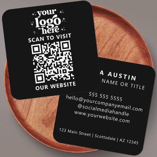 QRコードビジネスロゴプロフェッショナルモダン黒 スクエア名刺