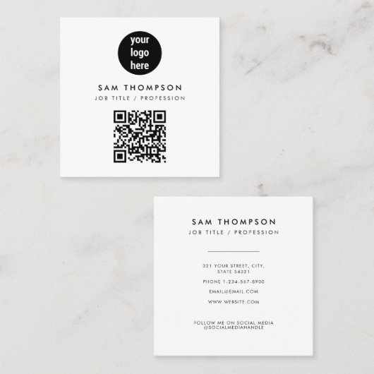 QRコードビジネスロゴモダンミニマリストホワイト スクエア名刺 (正面/裏面)