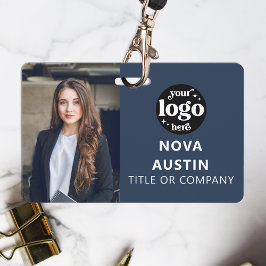 QRコードビジネスロゴ付き青い従業員の写真ID バッジ