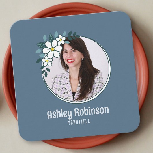 QRコードビスネスカードと写真、曇り青かわいい スクエア名刺