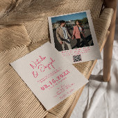QRコードピンクお洒落ブライトレトロ結婚写真 招待状