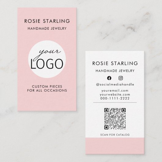 QRコードピンクかわいらしジュエリーロゴ縦線 名刺 (正面/裏面)