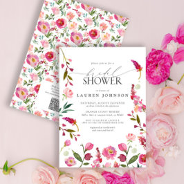 QRコードピンクウォーターカラーフラワーズブライダルシャワー 招待状