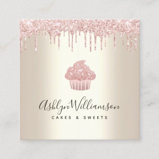 QRコードピンクカップケーキグリッタードリップベーカリーシェフ金ゴールド スクエア名刺 (正面)