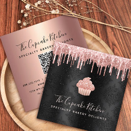 QRコードピンクカップケーキグリッタードリップベーカリーブラック スクエア名刺