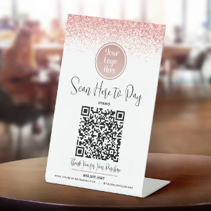 QRコードピンクグリッターカスタムロゴはこちらホワイト 台座サイン
