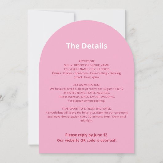 QRコードピンクマゼンタ結婚の詳細カード 招待状 (正面)