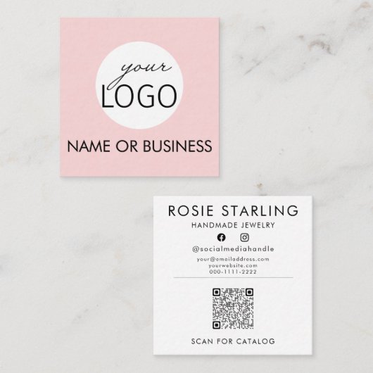 QRコードピンク淡い色のプロフェッショナルロゴ正方形 スクエア名刺 (正面/裏面)