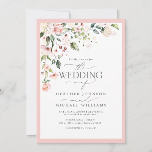 QRコードピーチピンクウォーターフローラ結婚ズ 招待状 (正面)