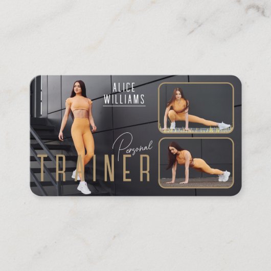 QRコードフィットネス金ゴールド&グレーパーソナルトレーナー写真 名刺 (正面)