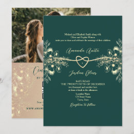 QRコードフォトエメラルドグリーン結婚金ゴールド 招待状