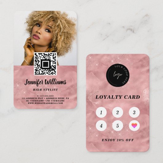 QRコードフォトピンクモダンロイヤリティテンプレート 名刺 (正面/裏面)