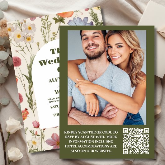QRコードフォトボホワイルドフラワーボタニカル結婚ズ 招待状