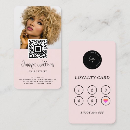 QRコードフォトロゴモダンロイヤリティ赤面ピンク コーリングカード (正面/裏面)