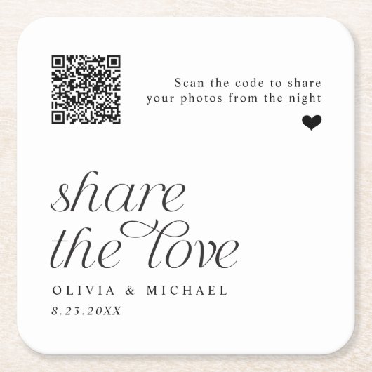 QRコードフォト共有モダンシンプルの結婚 スクエアペーパーコースター (正面)