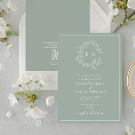 QRコードフォーマルセージ緑の葉付き紋章モノグラム 招待状