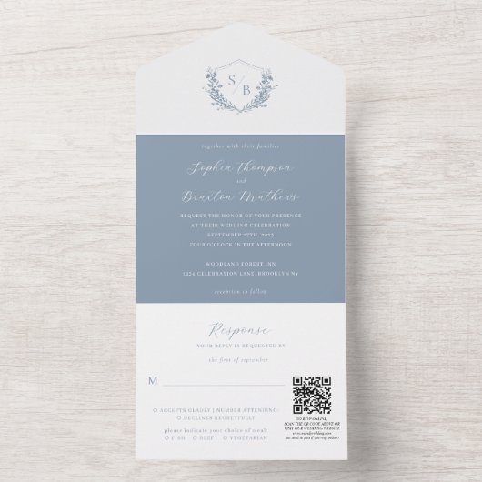 QRコードフローラほこりっぽいブルークレストモノグラム結婚ズ オールインワン招待状 (内側)