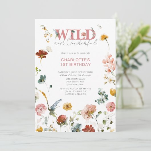 QRコードフローラピンクワイルド&オネダーフル1歳の誕生日 招待状 (スタンド正面)