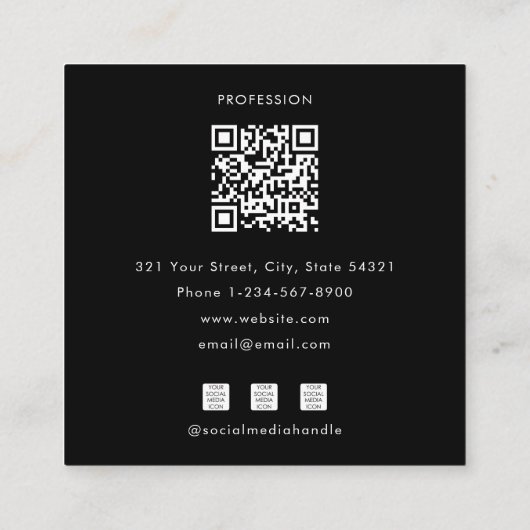 QRコードブラックミニマリストソーシャルメディアのアイコン スクエア名刺 (裏面)
