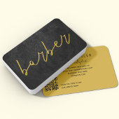 QRコードブラックレザー理容師金ゴールドタイポグラフィ 名刺