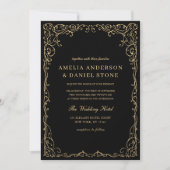 QRコードブラック金ゴールドフォトミニマル結婚リスト 招待状 (正面)