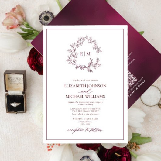 QRコードブルゴーニュリーリークレストモノグラム結婚ズ 招待状