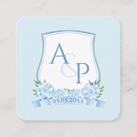 QRコードブルーとホワイトモノグラムクレストウェディングRSVP エンクロージャーカード (裏面)