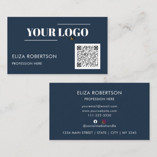 QRコードブループロフェッショナルビジネスロゴカスタム 名刺 (正面/裏面)