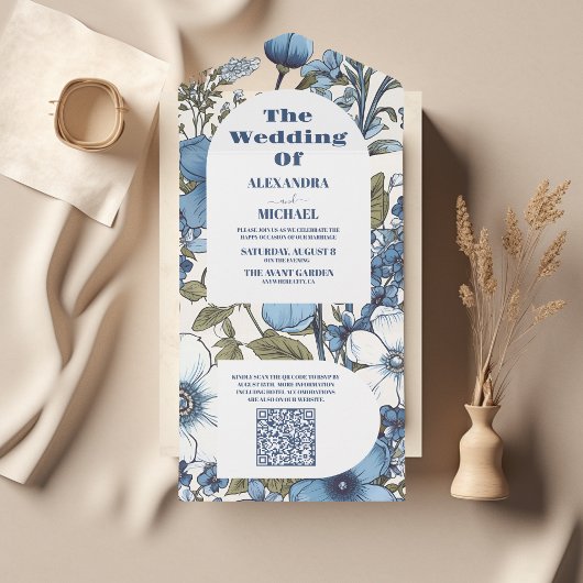 QRコードブルーペリウィンクルワイルドフラワー結婚ズ オールインワン招待状