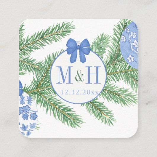 QRコードブルーホワイトクリスマスウェディングRSVP エンクロージャーカード (裏面)