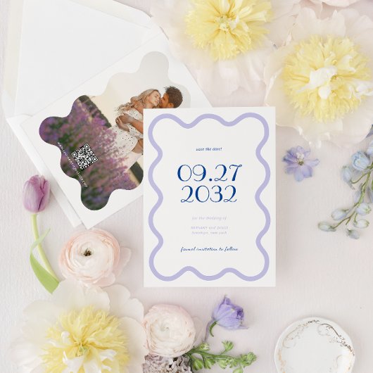 QRコードブルーラベンダー波ホタテ結婚ラ写真 セーブザデート