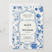 QRコードブルー素朴ワイルドフラワー結婚式招待状 招待状 (正面)