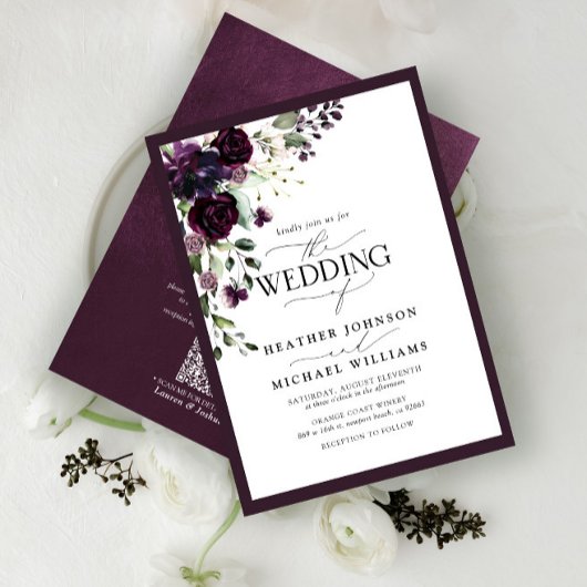 QRコードプラムパープルフローラ水彩スクリプト 招待状