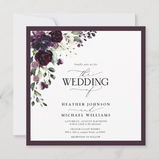 QRコードプラムパープルメイブフローラ水彩スクリプト 招待状 (正面)