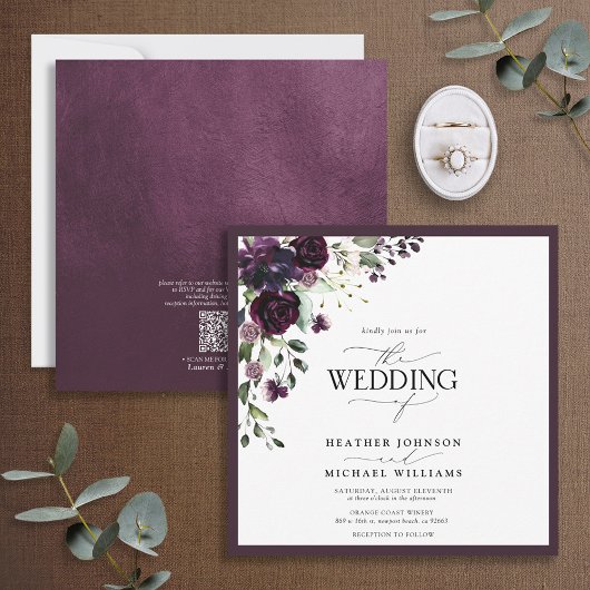 QRコードプラムパープルメイブフローラ水彩スクリプト 招待状