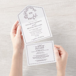 QRコードプラムパープルリーピークレストモノグラム結婚ズ オールインワン招待状