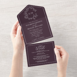 QRコードプラムパープルリーピークレストモノグラム結婚ズ オールインワン招待状