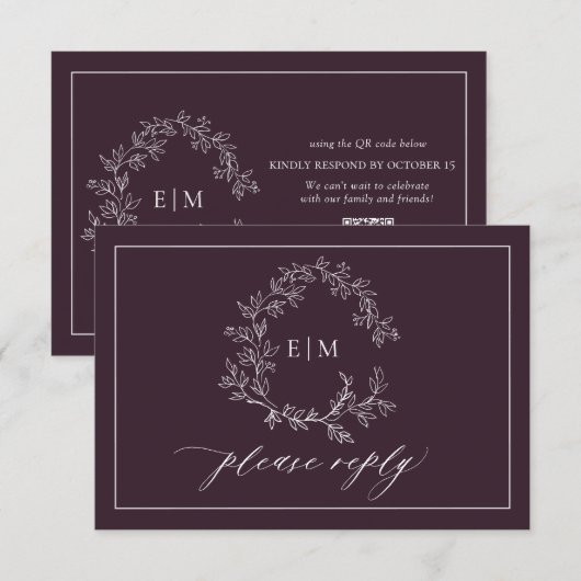 QRコードプラムパープルリーピークレストモノグラム結婚ズ 出欠カード (正面/裏面)