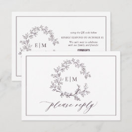 QRコードプラムパープルリーピークレストモノグラム結婚ズ 出欠カード