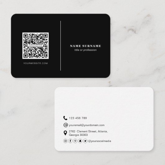 QRコードプロフェッショナルミニマリストソーシャルメディアブラック 名刺 (正面/裏面)