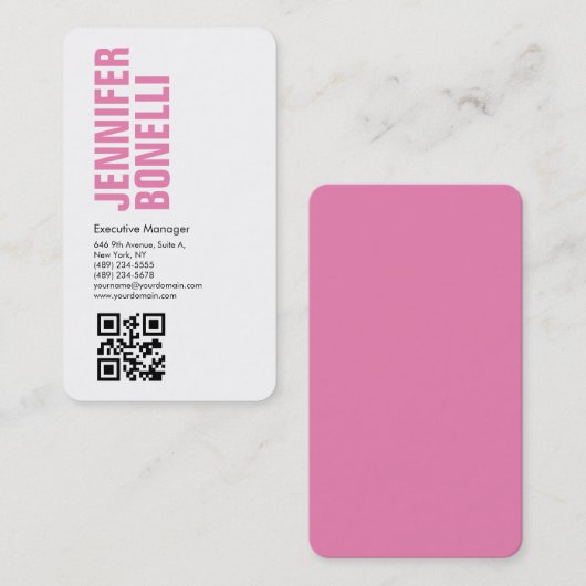 QRコードプロフェッショナルミニマルはっきりしたリストピンクホワイト 名刺 (正面/裏面)