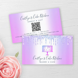QRコードベーカリーケーキパープルグリッタードリップデザート 名刺