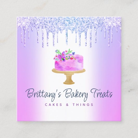 QRコードベーカリーパープルケーキグリッタードリップデザート スクエア名刺 (正面)